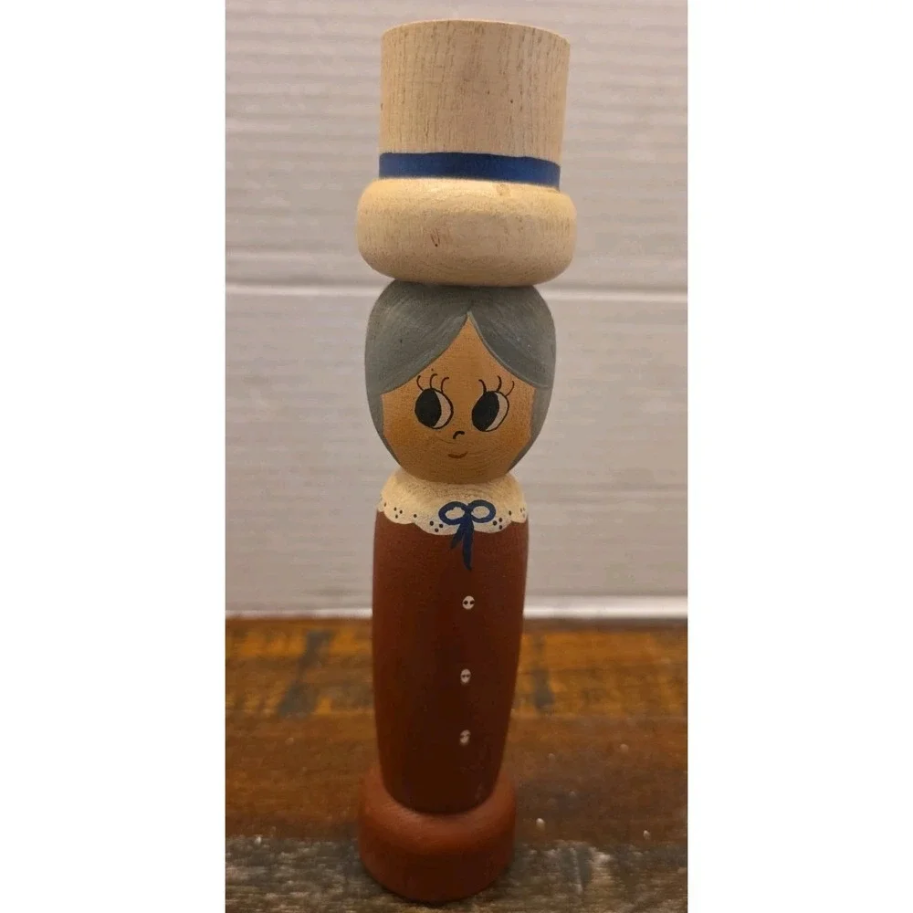 Vintage Scandinavian Folk Art Wooden Candle Holder Hand Painted Woman Swedish